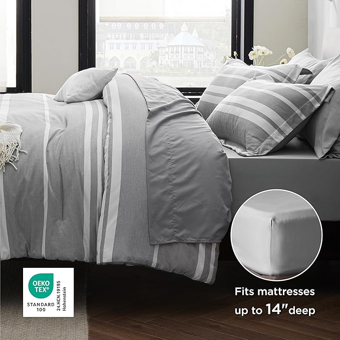 Bedsure Twin Comforter Set 5 Pieces, Grey Striped Bedding Set for All Seasons, Reversible, Cationic Dyeing Bed in a Bag with Comforter, Sheets, Pillowcase & Sham