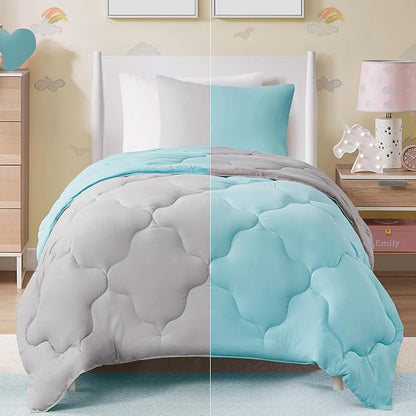 Comfort Spaces Vixie Reversible Comforter Set - Trendy Casual Geometric Quilted Cover, All Season Down Alternative Cozy Bedding, Matching Sham, Aqua/Gray, Twin/Twin XL 2 piece