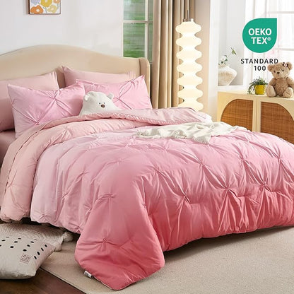 Dinjoy Ombre Comforter Set Twin Size, 5-Piece Bed in a Bag for Kid Teen, Pintuck Colorful Rainbow Bedding Sets with Comforter, Flat Sheet, Fitted Sheet and Pillowcases & Shams, Pink
