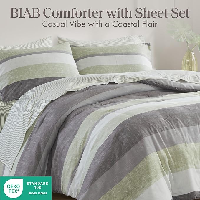 Madison Park Essentials Jaxon Cal King Comforter Set, Bed in A Bag Comforter & Sheet Set, Modern Casual Stripes Print, All Seasons, Soft Bedding Makeover, Matching Sham, Cal King Green/Grey 7 Piece
