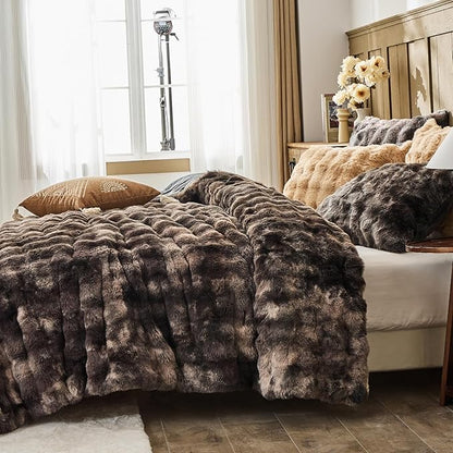 Lotus Karen Faux Fur Queen Comforter Set – Tie-Dye Dark Gray Fluffy Comforter Queen Size, Big Bubble Faux Rabbit Fur Bedding Comforter Sets, Cozy Fuzzy Bed Set 3 Pieces, 1 Comforter and 2 Pillowcases