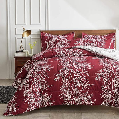 Christmas Bed in a Bag Burgundy Red Comforter Sheet Set 7 Pieces King Size Tree Branch Soft X-max Holiday Bedding Set (1 Comforter 2 Pillow Shams 1 Flat Sheet 1 Fitted Sheet 2 Pillowcases)