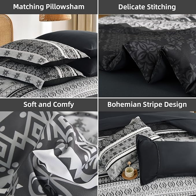 Comforter Set King Size Boho,7 Pieces Bohemian Bedding Comforter Set Striped Bed in a Bag,Dark Grey Paisley Floral Comfortet and Sheet Set,Soft Black Gray Bedding Sets for All Season
