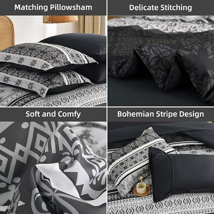 Comforter Set King Size Boho,7 Pieces Bohemian Bedding Comforter Set Striped Bed in a Bag,Dark Grey Paisley Floral Comfortet and Sheet Set,Soft Black Gray Bedding Sets for All Season
