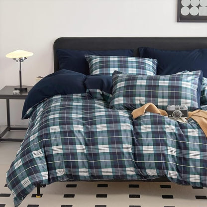 Wake In Cloud - Plaid Comforter Set, Scottish Tartan Check Geometric Modern Pattern Printed, Soft Lightweight Bedding, 3 Pieces, Navy Green, Full Size