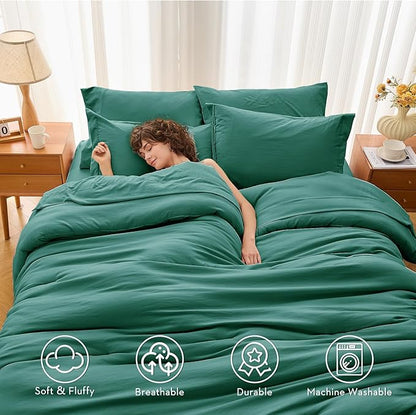 MUXHOMO 7 Pieces Queen Comforter Set, Soft Bed in a Bag Queen Size, All Season Bedding Set with Comforter, Flat Sheet, Fitted Sheet, Pillowcases & Shams, Emerald Green