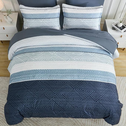 Drucon Comforter Set California King Size 7 Piece Bed in a Bag Boho Blue Striped Bedding Set Soft Microfiber Comforter and Sheet Set for All Season (Cal King, 104"x96")