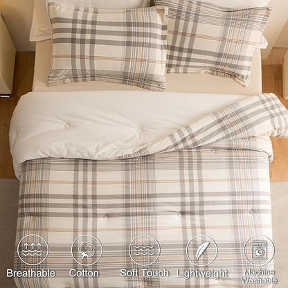 100% Cotton Comforter Set King Size – Reversible Yarn-Dyed Checkered Design, Soft Washed Cotton on Both Sides, Lightweight All-Season Bedding, Machine Washable(Grey White Plaid, 104”x90”)