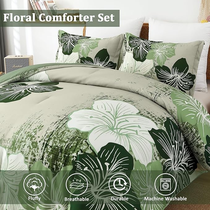 Menghomeus Floral Comforter Set King Ombre Green Bedding Lightweight Microfiber Bed Comforter for All Season, 3 Piece Flowers Comforter with 2 Pillowcases