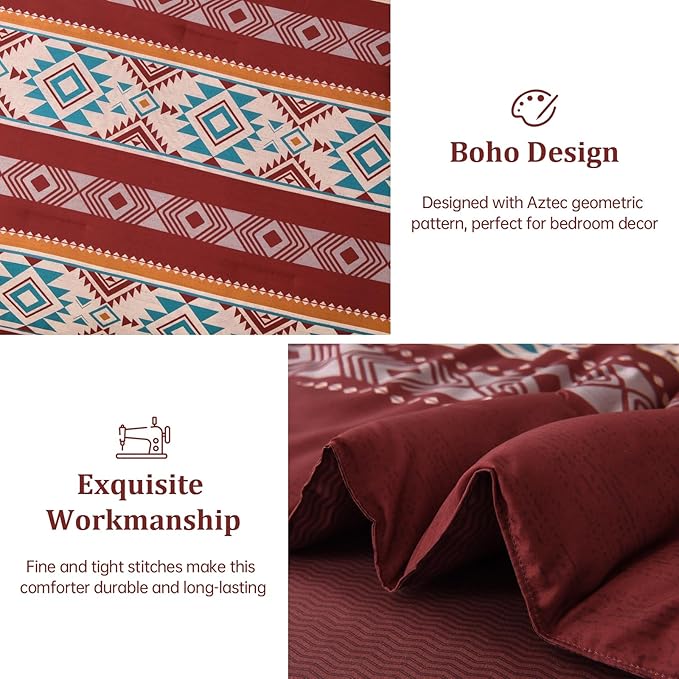 Anibedding Red Comforter Set Queen 7 Pieces Boho Bed in a Bag, Burgundy Aztec Striped Comforter Set with Sheets, Soft Microfiber Reversible Western Bedding Set for All Season