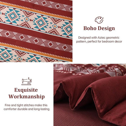 Anibedding Red Comforter Set Queen 7 Pieces Boho Bed in a Bag, Burgundy Aztec Striped Comforter Set with Sheets, Soft Microfiber Reversible Western Bedding Set for All Season
