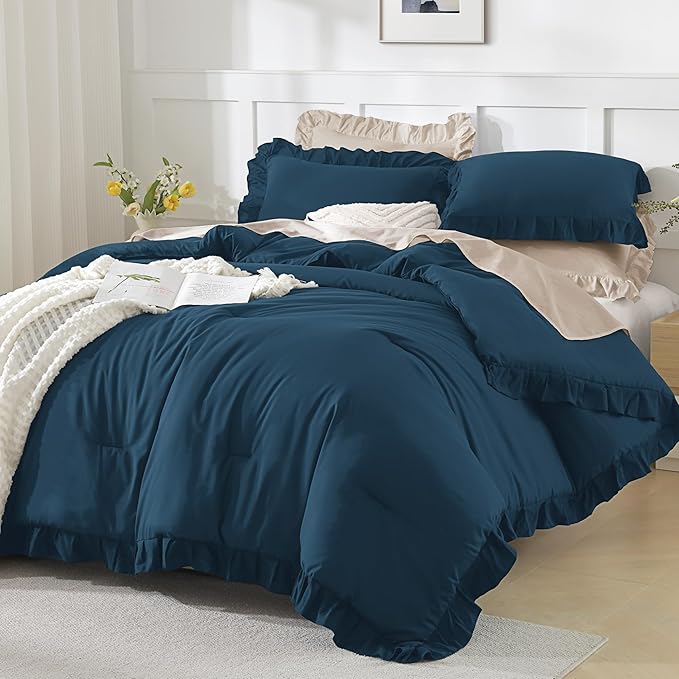 Andency Navy Blue Queen Comforter Set, 3 Pieces Boho Lightweight Solid Bedding Sets for Queen Bed, Fluffy Soft Double Women Men Microfiber Bedding Set