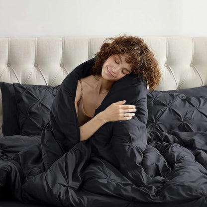 Nestl California King Comforter Set 7 Piece - Pintuck Cal King Comforter Set Black, California King Bed in a Bag, All Season Bed Set with Flat Sheet and Fitted Sheet, Pillowcases and Shams