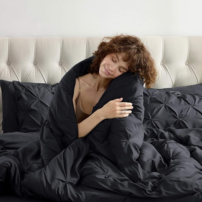 Nestl Queen Comforter Set 7 Piece - Pinch Pleated Comforters Queen Size Black, Bed in a Bag Queen All Season, Queen Size Comforter Sets Bedding with Flat Sheet and Fitted Sheet, Pillowcases and Shams