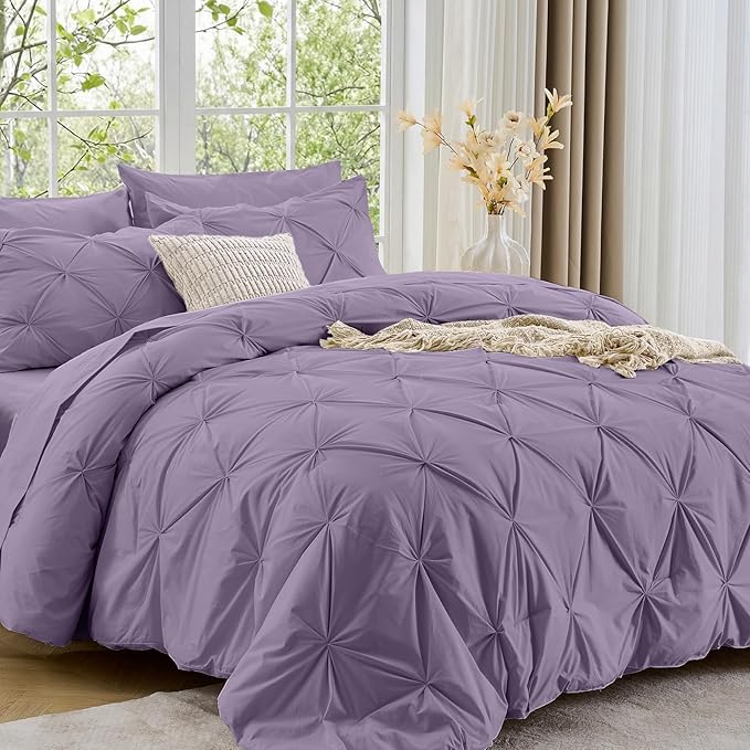 Sasttie Queen Comforter Set, 7-Piece Bed in a Bag, Pintuck Bedding Sets for All Season, Includes Comforter, Flat Sheet, Fitted Sheet, Pillowcases and Pillowshams, New Purple