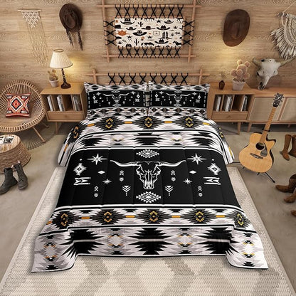 Erosebridal Western Bull Skull Comforter Set Boho Southwestern Aztec Bedding Set Toddler Size for Boys Teens Men, Ethnic American Native Quilt Farmhouse Rustic Tribal Duvet Insert 2 Piece, Black Grey