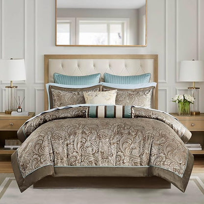 Madison Park Aubrey Cozy Comforter Set, Faux Silk Jacquard Paisley Design - All Season Down Alternative Bedding with Cotton Bed Sheets, Bed Skirt & Toss Pillows, Full Blue 12 Piece