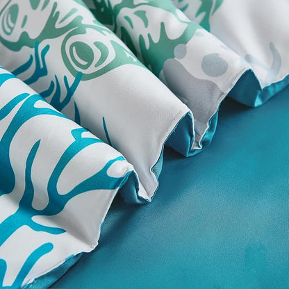 WONGS BEDDING Coastal Comforter Set King, Beach Themed Comforter,7 Pieces Ocean Nautical Seaweed & Starfish Bed in a Bag (104"×90")