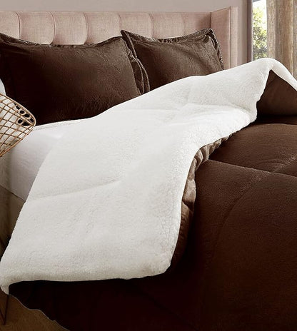 Elegant Comfort Super Soft Sherpa Comforter 3-Piece Set Premium Quality, Heavy Weight Reversible Down Alternative Micro-Suede, Sherpa Comforter, Queen, Espresso Brown