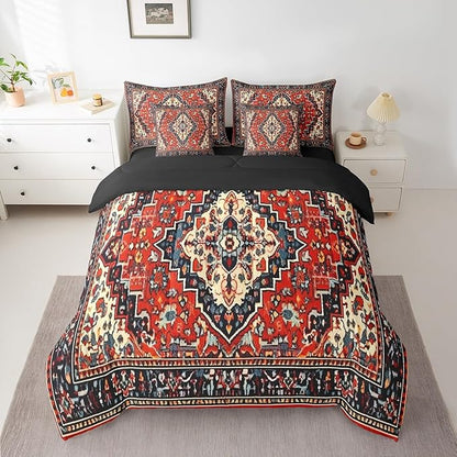 Red Vintage Bedding Comforter Sets 7pcs Art Deco Bed in a Bag, Oriental Twin Bedding Sets Retro Traditional Comforter Set, Boho Aesthetic Bedding Sets & Collections Hippie Paisley Bedroom Decor