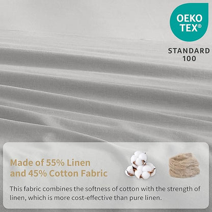 Simple&Opulence Belgian Linen Sheet Set Solid Color - 5 Pieces (1 Flat Sheet, 2 Fitted Sheets & 2 Pillowcases) Natural Flax Cotton Blend Soft Breathable Farmhouse Bedding - Split King Size, Grey