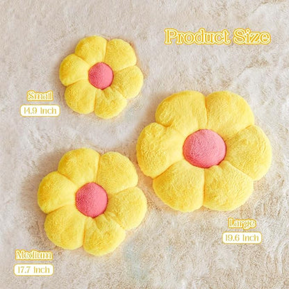Flower Pillow Cute Decorative Throw Pillow with Faux Rabbit Fur Soft Daisy Plush Floor Cushion Aesthetic Flower Shaped Pillow Home Decor for Bed Sofa Couch (Yellow 19.6 Inch)