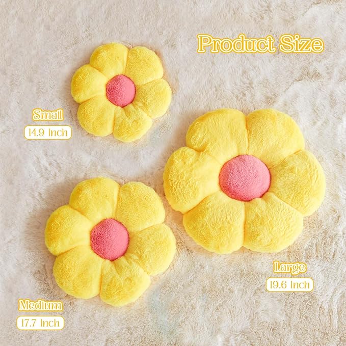 Flower Pillow Cute Decorative Throw Pillow with Faux Rabbit Fur Soft Daisy Plush Floor Cushion Aesthetic Flower Shaped Pillow Home Decor for Bed Sofa Couch (Yellow 14.9 Inch)