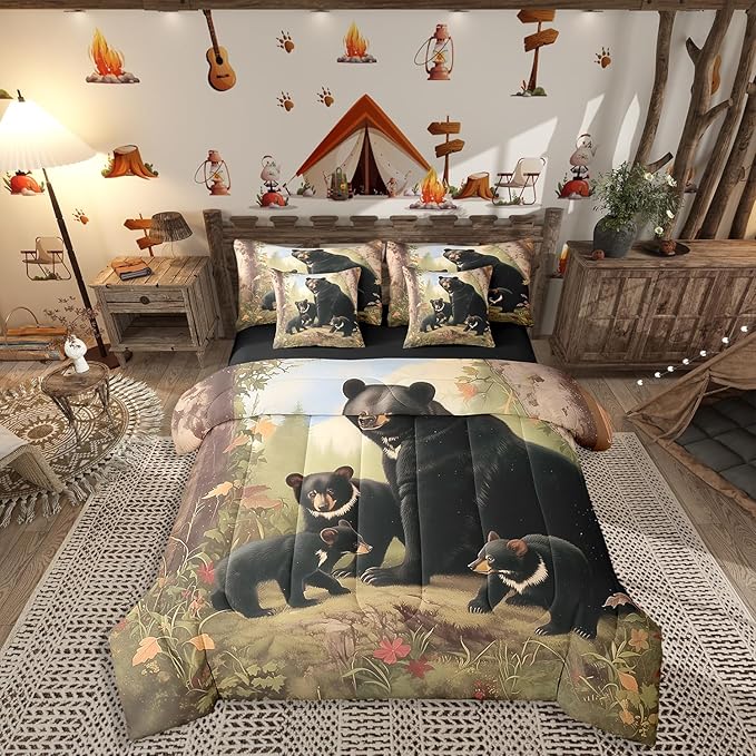 Erosebridal Bears Comforter Sets with Sheets, Rustic Wildlife Bedding Set Twin for Boys Girls Natural Wild Bear 7Pcs Bed in A Bag Wooden Cabin Decor Bed Set