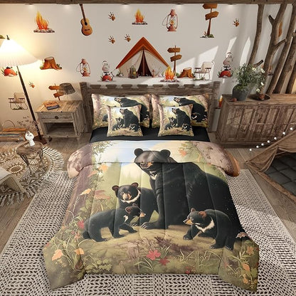 Erosebridal Bears Comforter Sets with Sheets, Rustic Wildlife Bedding Set King for Boys Girls Natural Wild Bear 7Pcs Bed in A Bag Wooden Cabin Decor Bed Set