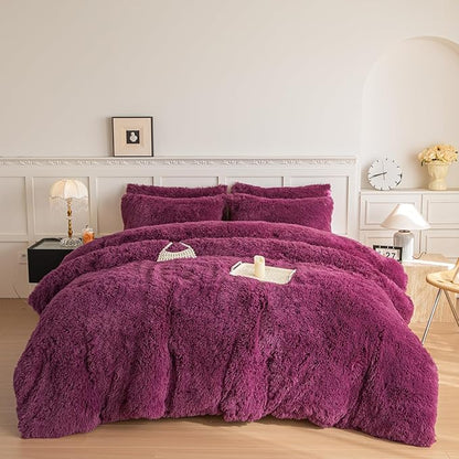 chovy Faux Fur Plush Grape Purple Comforter Sets King - Ultra Soft Shaggy Flannel Velvet Fluffy Fuzzy 3PC Bedding Set （Comforter x 1 Pillowcases x 2）