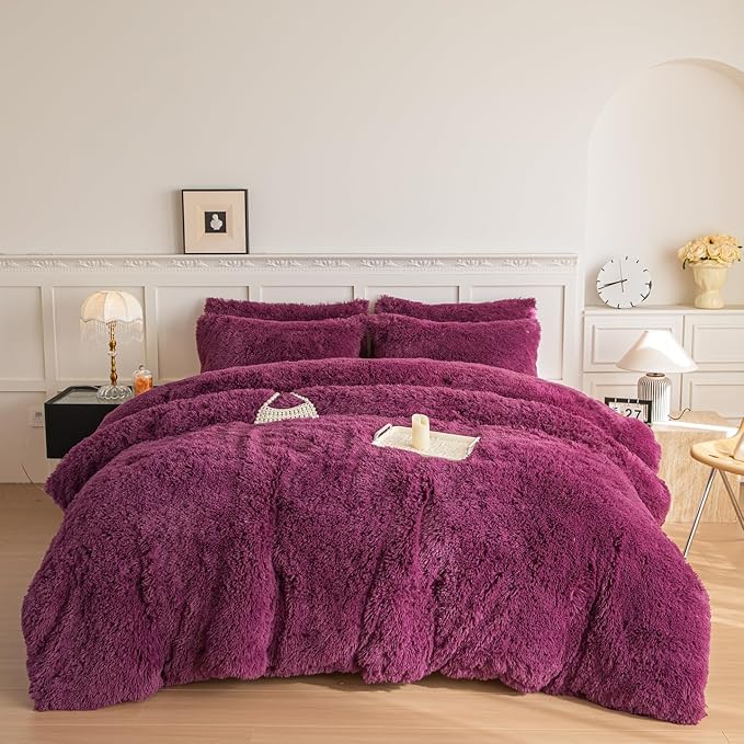 chovy Faux Fur Plush Grape Purple Comforter Sets Queen - Ultra Soft Shaggy Flannel Velvet Fluffy Fuzzy 3PC Bedding Set （Comforter x 1 Pillowcases x 2）