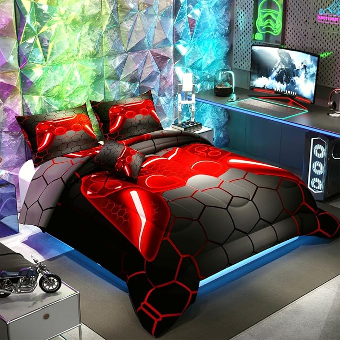 Namoxpa6 Pieces Gamer Comforter Sets for Boys Kids,3D red Pattern,Decorative 6 Piece Bedding Sets with Comforter,Flat Sheet,Fitted Sheet,Throw Pillow Cover,Pillow Shams,Twin Size