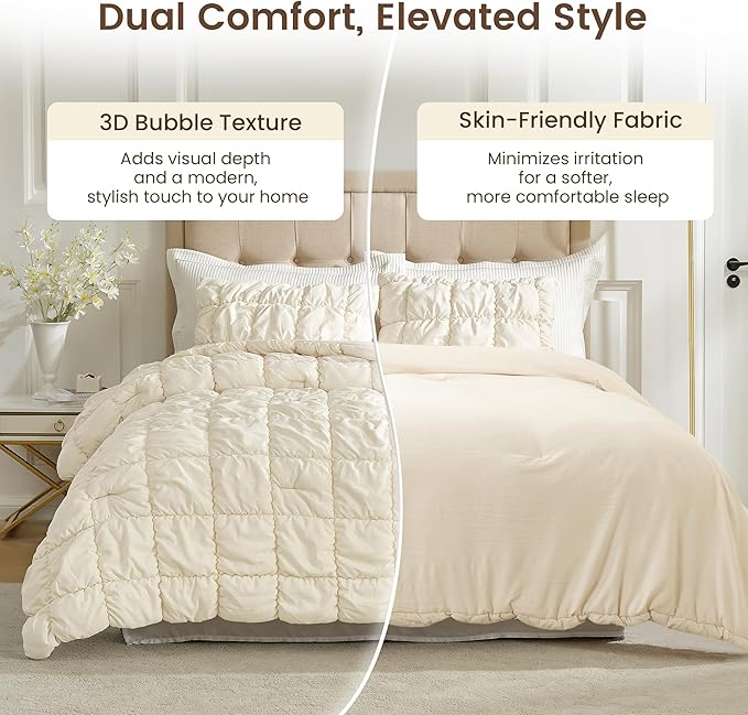 Amélie Home Twin Comforter Set, 2 Pieces Beige Bubble Bedding Set for All Season, Ultra Soft Cozy Comforter, Farmhouse Luxury Gift for Women Home Decor