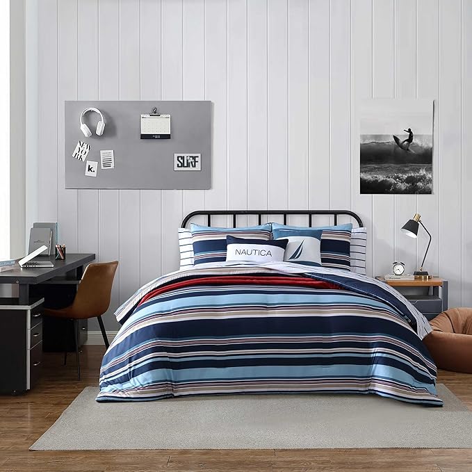 Nautica - Twin/Twin XL Comforter Set, Ultra Soft Bedding with a Woven Textured Feel, Medium Weight for Year Round Comfort, 4 Piece Bed Set with Matching Pillowcase & Bonus Throw Pillows (Colton Blue)