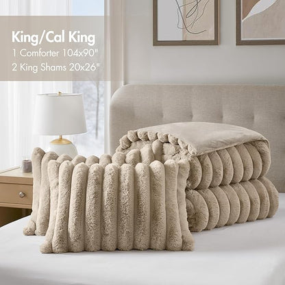 Madison Park Jasmine King Comforter Set, Luxurious Reversible Faux Fur Plush Ribbed Velvet Bedding, Fuzzy Thick Warm Winter Comforter, Super Soft Fluffy 3-Piece Set Taupe