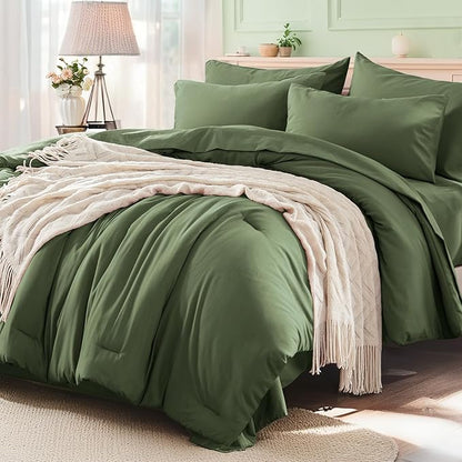 Anluoer Full Comforter Set 7 Pieces, Olive Green Bed in a Bag with Sheets, All Season Bedding Sets with 1 Comforter, 2 Pillow Sham, 2 Pillowcase, 1 Flat Sheet, 1 Fitted Sheet