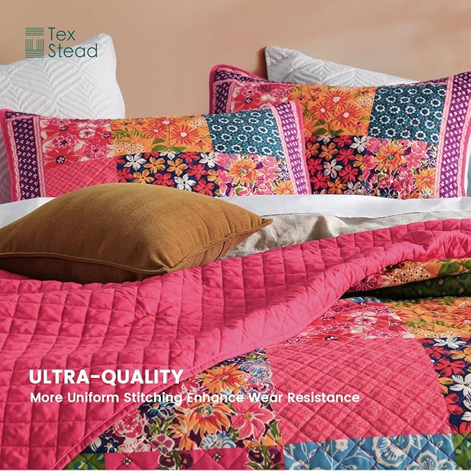 Queen Quilt Set for Bed - 100% Cotton Quilts Patchwork Comforter Coverlet Bedspread Reversible 90"x90" with 2 Pillow Shams