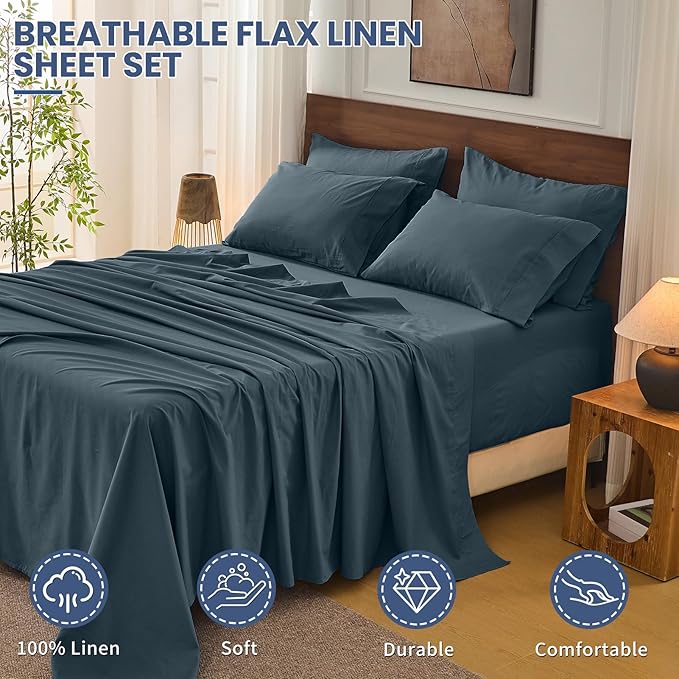 Bedlifes 100% French Flax Linen Sheets Set King Size - 6 Piece Extra Deep Pocket 18-24",Soft Breathable King Bed Sheets with Temperature Regulating & Moisture-Wicking(Cool Gray