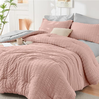 HYMOKEGE Rose Gold/Light Grey California King Comforter Set Seersucker 7 Pieces, All Season Luxury Bed in a Bag for Bedroom, Bedding Set with Comforter, Sheets, Pillowcases & Shams