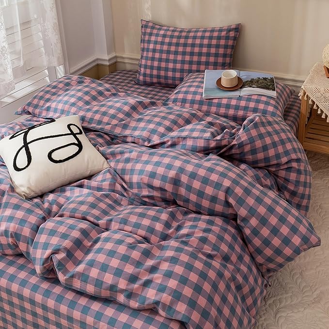 HighBuy Queen Comforter Set Purple Plaid Gingham Comforter Vintage Style Checkered Pattern Comforter Set for Women Men,3 Piece Grid Plaid Bedding Comforter Fluffy Soft Lightweight