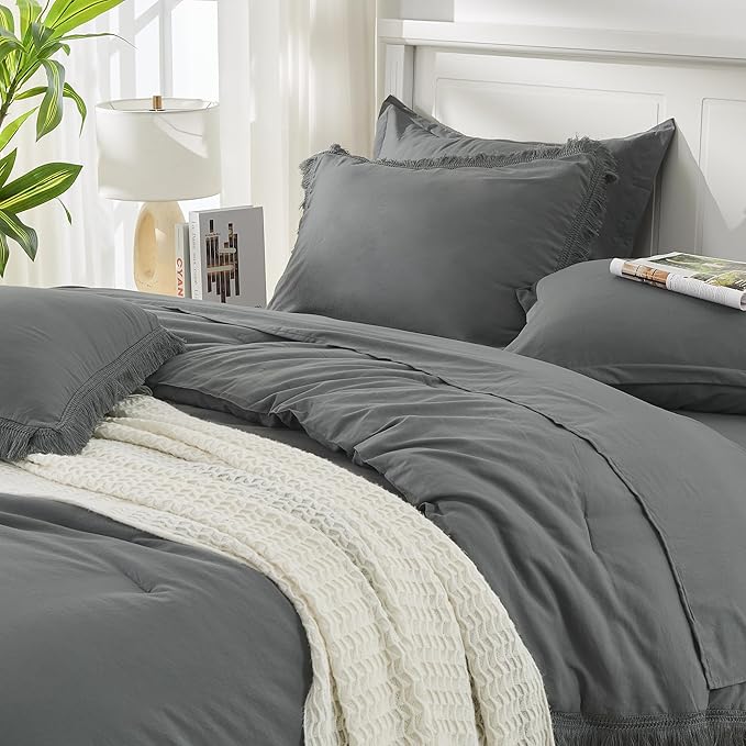 Andency Dark Grey Queen Size Comforter Set with Sheets - 7 Pieces Boho Tassel Bed in a Bag Soft Lightweight Bedding Sets, Dark Grey Fringe Bed Set with Comforter, Sheets, Pillowcases & Shams