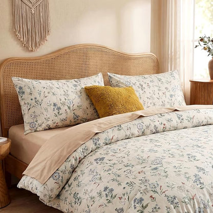 Floral Comforter Set King Size Green Floral Bedding Set 3 Pieces 100% Cotton Farmhouse Botanical Bedding Breathable Soft Reversible Comforter for All Seasons