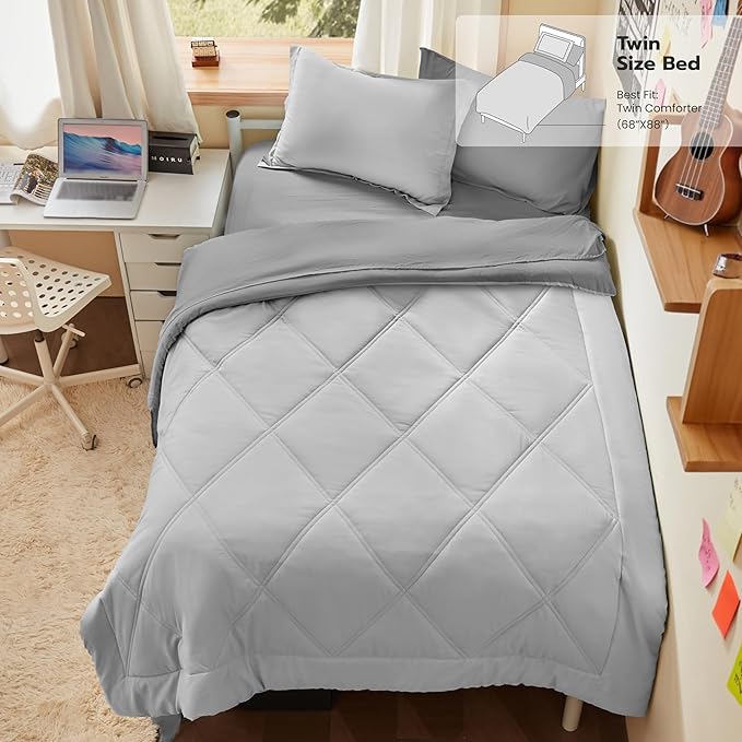 JOIEDOMI Twin Comforter Set with Sheets Light Grey, 5 Pieces Twin Bedding Sets with 1 Down Alternative Comforter, 1 Flat Sheet, 1 Fitted Sheet, 1 Pillowcase and 1 Pillow Sham, Bed in a Bag All Seasons