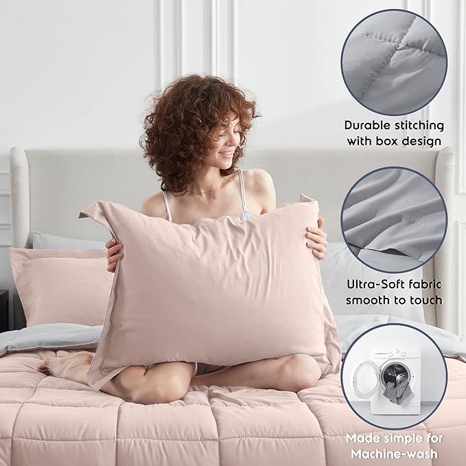 Nestl 7 Piece Queen Comforter Set – Blush Pink Reversible Bed in a Bag – Complete Queen Size Bedding Set with Sheets, Pillowcases and Shams