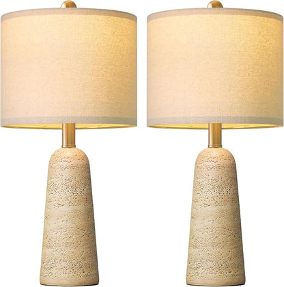 BOBOMOMO 21" Modern Table Lamps Set of 2, Warm Beige Resin Lamp with Stone Look, Small Bedside Lamps for Bedroom, Cozy Nursery Lamps with Linen Shades, Nightstand Lamp for Small Spaces, Entryway