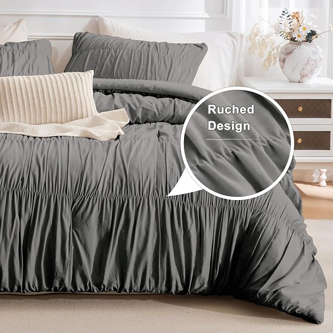 Masaca Grey Queen Comforter Set(90"x95"),Ruched Shabby Boho Chic Bedding Comforter Set,Vintage Gray Textured Ruffle Comforter for Queen Bed Fluffy Aesthetic Farmhouse Bedding 3 Pieces
