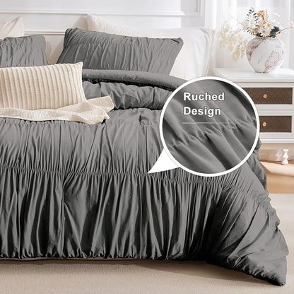 Masaca Grey Queen Comforter Set(90"x95"),Ruched Shabby Boho Chic Bedding Comforter Set,Vintage Gray Textured Ruffle Comforter for Queen Bed Fluffy Aesthetic Farmhouse Bedding 3 Pieces