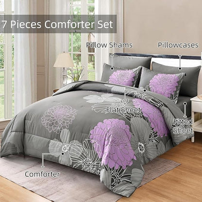 Yiran 7 Pieces Bed in a Bag Comforter Set Queen Size Grey Purple Bedding Sets Floral Soft Microfiber Comforter for All Seasons 90"×90"
