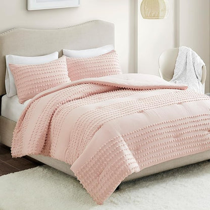 Comfort Spaces Cotton Comforter Set Jacquard Pom-Pom Tufts Design, Down Alternative, All Season Modern Bedding, Matching Shams, Full/Queen, Phillips, Blush