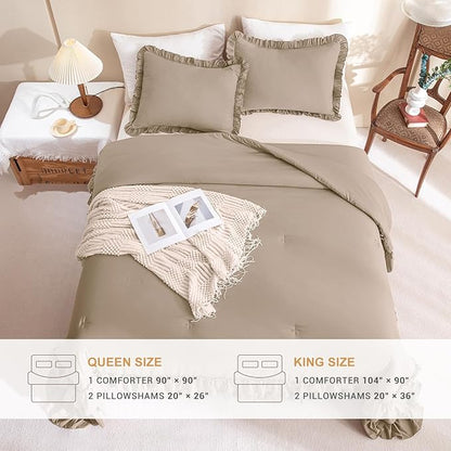 Masaca Ruffled King Comforter Set,Farmhouse Shabby Boho Bedding Comforter with Ruffles Lightweight Ultra Soft Vintage Rustic French Country Light Taupe Bedding 3 Pieces